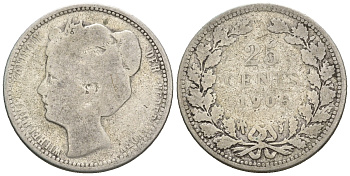 Нидерланды 25 центов 1906 Вильгельмина (1890-1948) KM 120.2 серебро 4609-758