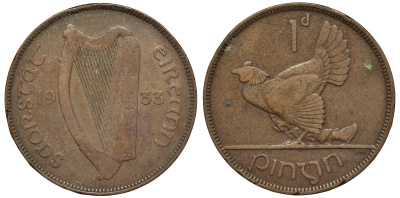 Ирландия 1 пенни 1933 курица с цыплятами KM 3 бронза 441-245