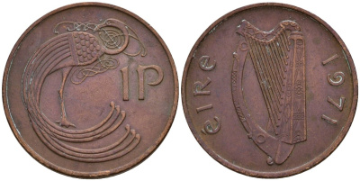Ирландия 1 пенни 1971 мифологическая птица лира KM 20 бронза 4141-225