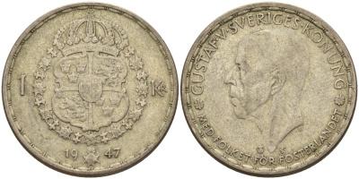 Швеция 1 крона 1947 TS, Густав V (1907-1950) KM 814 серебро 4148-1041