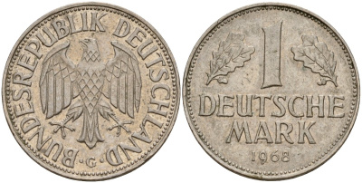 ФРГ 1 марка 1968 G KM 110, J. 385 медно-никель 4159-1111