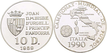 Андорра 10 динеров 1989 чемпионат мира по футболу в Италии 1990 года, карта Италии, мяч KM 60 серебро PROOF 00-00