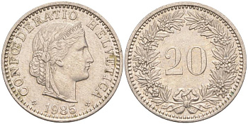 Швейцария 20 раппенов 1985 KM 29a медно-никель 55-1016