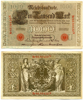 Германия 1000 Марок 1910 21 апреля 1910, Буква U, номер семизначный, серия N, Выпуск (10.1922) Pick 44b, Розенберг 45с бумага 8618-29-1-1