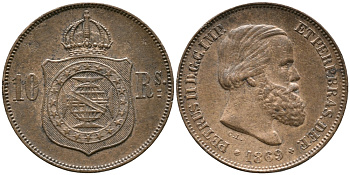 Бразилия 10 реалов (рейсов) 1869 Брюссель, Педро II KM 473 бронза     3334-246