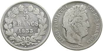 Франция 5 франков 1833 K, Луи Филипп I (1830-1848) KM 749.7 серебро 4386-221