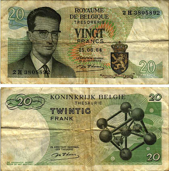 Бельгия 20 франков 1964 Бодуэн I, атомиум, d Haeze Pick 138 (1) бумага 7486-36-2-1