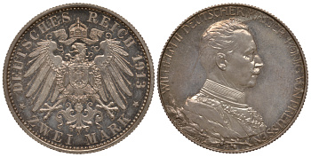 Пруссия 2 марки 1913 A, Вильгельм II (1888-1918), 25 лет правления (мундир) Weege 111, J. 111, KM 533 серебро PROOF 00-814-27