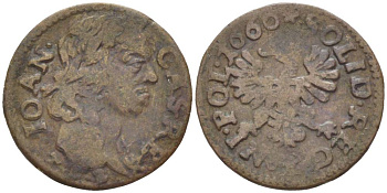 Польша 1 солид (шелаг, шиллинг) 1660 Ян II Казимир Ваза (1649-1668), боратынка, вес 1,23 гр. KM 110 медь 66-234