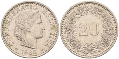 Швейцария 20 раппенов 1985 KM 29a медно-никель 55-1016