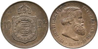 Бразилия 10 реалов (рейсов) 1869 Брюссель, Педро II KM 473 бронза     3334-246