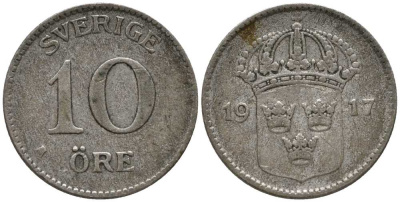 Швеция 10 эре 1917 W, Густав V (1907-1950) КМ 780 серебро 201-1063