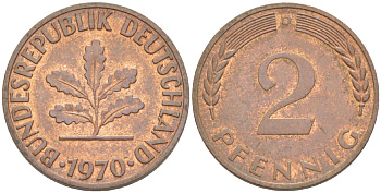 ФРГ 2 ПФЕННИГА 1970 D KM 106а, J. 381а сталь плакированная сталь плакированная медьюю 4181-759