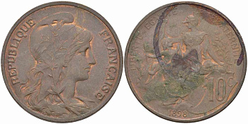 ФРАНЦИЯ 10 САНТИМОВ 1898 ТИП ДАНИЭЛЬ ДЮПЮИ KM 843, LA FRANC 136.6 бронза 109-121