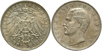 Бавария 3 марки 1912 D, король Баварии Отто (1886-1913) KM 516, J. 47, Weege 45 серебро 633-811