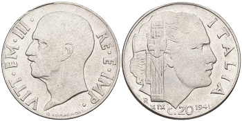 ИТАЛИЯ 20 ЧЕНТЕЗИМО 1941 R, ГОД XIX, ВИКТОР ЭММАНУИЛ III (1900-1946) KM 75b, VEM3. 1028 нержавеющая сталь 3853-1043