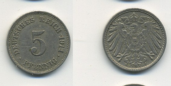 Германия 5 пфеннигов 1911 G KM 11, Jager 12, Weege 6 медно-никель 23-1434