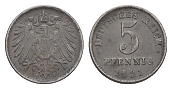 Германия 5 пфеннигов 1921 J KM 19, J. 297 железо плакированное цинком 4644-1126