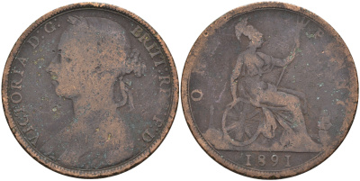 Великобритания 1 пенни 1891 Виктория (1837-1901) KM 755, Spink 3954 бронза 4590-1246