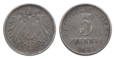 Германия 5 пфеннигов 1921 J KM 19, J. 297 железо плакированное цинком 4644-1126