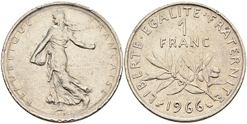 Франция 1 франк 1966 сеятель KM 925.1 никель    4177-244