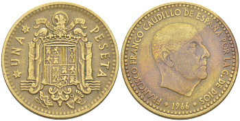 ИСПАНИЯ 1 ПЕСЕТА 1966 (67) ФРАНСИСКО ФРАНКО ДИКТАТОР ИСПАНИИ ( 1939- 1975) KM 796 алюминиевая бронза 216-621
