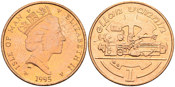 Остров Мэн 1 пенни 1995 АА, токарный станок, Елизавета II (1952) KM 207 бронза BUNC 4582-124