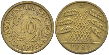 ГЕРМАНИЯ 10 РЕЙХСПФЕННИГОВ 1929 A KM 40, J. 317, Weege 9 алюминиевая бронза 210-355