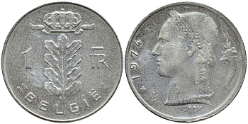 БЕЛЬГИЯ 1 ФРАНК 1974 BELGIE KM 143.1 медно-никель 4384-1155