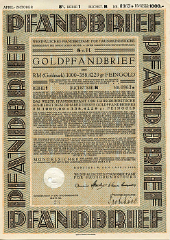 Германия 1000 золотых марок 1928 Вестфальское бюро залога жилой недвижимости, облигация   бумага   8803-136-1