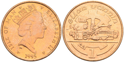 Остров Мэн 1 пенни 1995 АА, токарный станок, Елизавета II (1952) KM 207 бронза BUNC 4582-124