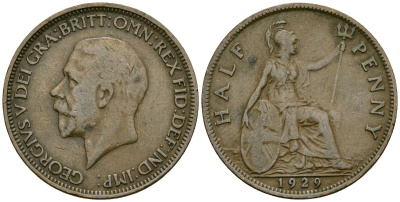 Великобритания 1/2 пенни 1929 Георг V (1910-1936) KM 837 Spink 4058 бронза 4577-1117