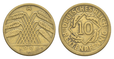 Германия 10 рентенпфеннигов 1924 A KM 33, J. 309 алюминиевая бронза 4644-1223