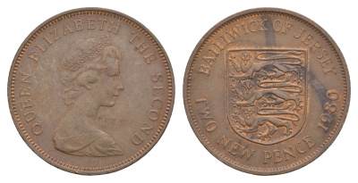 Джерси 2 новых пенса 1980 герб, Елизавета II (1952-2022) KM 31 бронза    4660-213