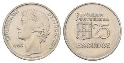 Португалия 25 эскудо 1980 KM 607a медно-никель UNC 4678-1051