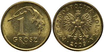 ПОЛЬША 1 ГРОШ 2009 MW KM 276 латунь 201-364