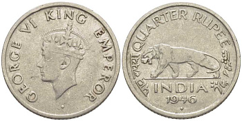 ИНДИЯ БРИТАНСКАЯ 1/4 РУПИИ 1946 ГЕОРГ VI (1936-1952) KM 548 никель 116-926