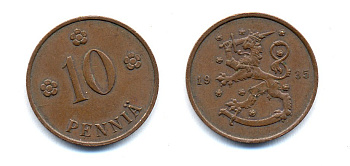 Финляндия 10 пенни 1935 республика (1918-1962) KM 24 медь 51-5447