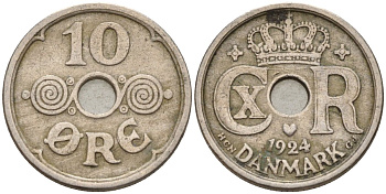 Дания 10 эре 1924 KM 822 медно-никель 4596-461