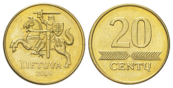 Литва 20 центов 2009 KM 107 никель латунь UNC 4625-617