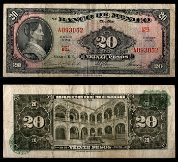 Мексика 20 песо 1967 Pick 54 m бумага 7198-9-2-2