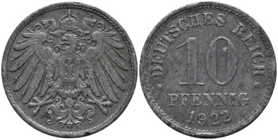 Германия 10 пфеннигов 1922 KM 26, J. 299 цинк 4541-423