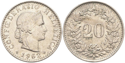 Швейцария 20 раппенов 1962 В KM 29a медно-никель 55-813