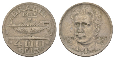 Бразилия 400 реалов 1936 Освалду Крус KM 539 медно-никель 4624-1232