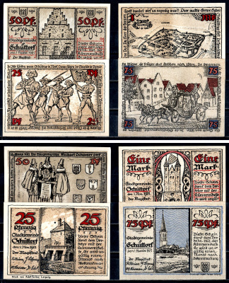 Шютторф (Пруссия, Ганновер) полный набор из 4 нотгельдов (25, 50 и 75 пфеннигов; 1 марка) 1921 Mehl Grabowski 1202.1 бумага UNC (пресс) 7556-61-2-1