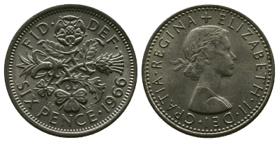 Великобритания 6 пенсов 1966 Елизавета II (1952-2022) KM 903, Spink 4149 медно-никель 4381-846