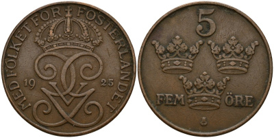 Швеция 5 эре 1925 Густав V (1907-1950) KM 779.2 бронза 4187-852