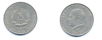 ГДР 20 марок 1971 A, 85 лет со дня рождения Эрнста Тельмана KM 34, J. 1535 медно-никель 3333-526