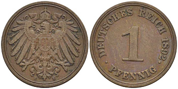 ГЕРМАНИЯ 1 ПФЕННИГ 1892 E KM 10, J. 10, Weege 2 медь 211-149
