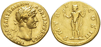 Римская Империя аурей 119-122 Адриан, IMP CAESAR TRAIAN HADRIANVS AVG голова императора в лавровом венке, обращенная вправо / P M TR P C OS III, стоящий Нептун, обращенный влево, держит акростолий и трезубец, Рим, Good Very fine , 4,36 гр золото 00-000-00